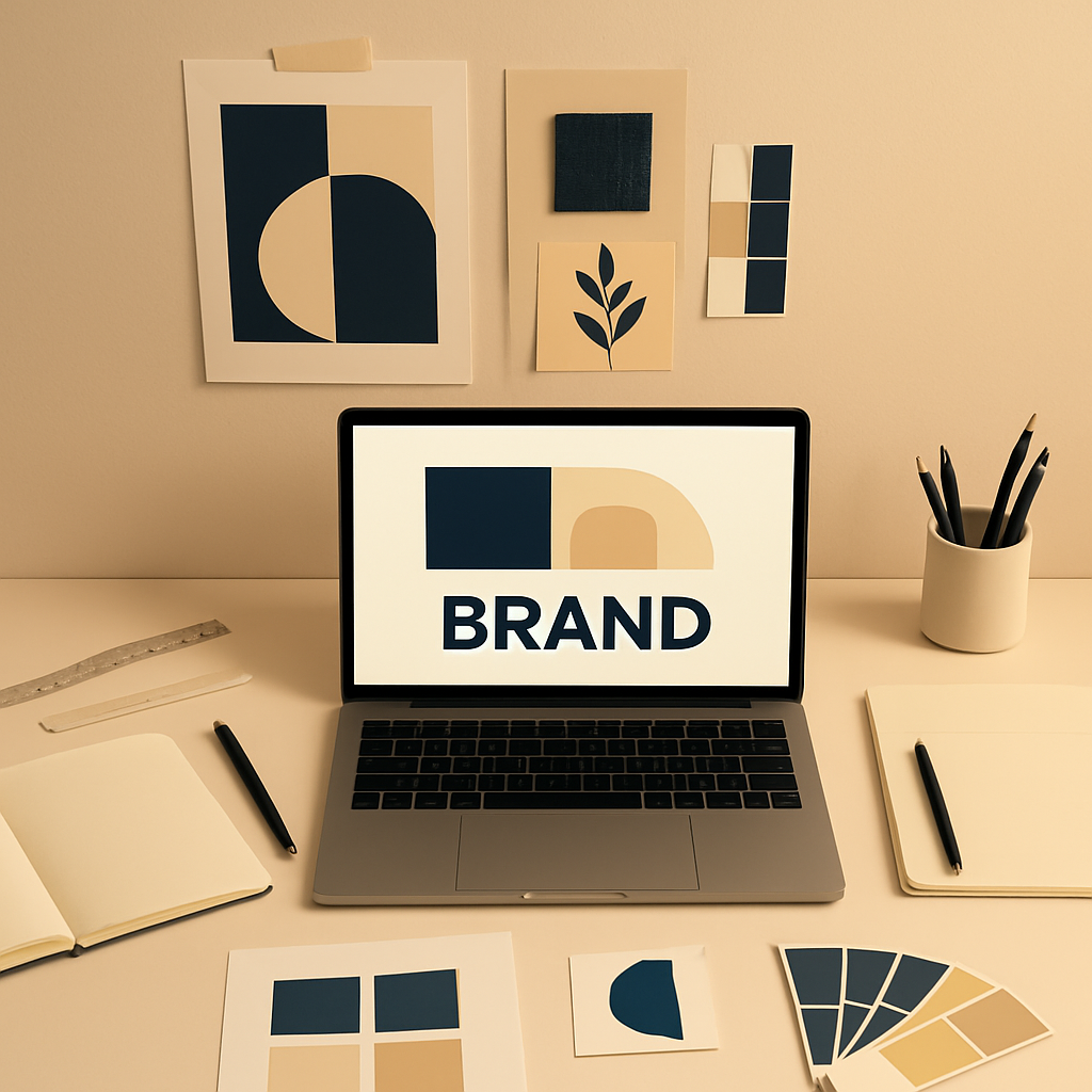 Creative studio workspace with design tools, notebooks, and mood boards