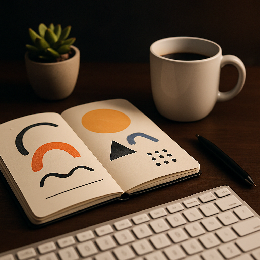 Creative agency desk with sketchbook and design tools