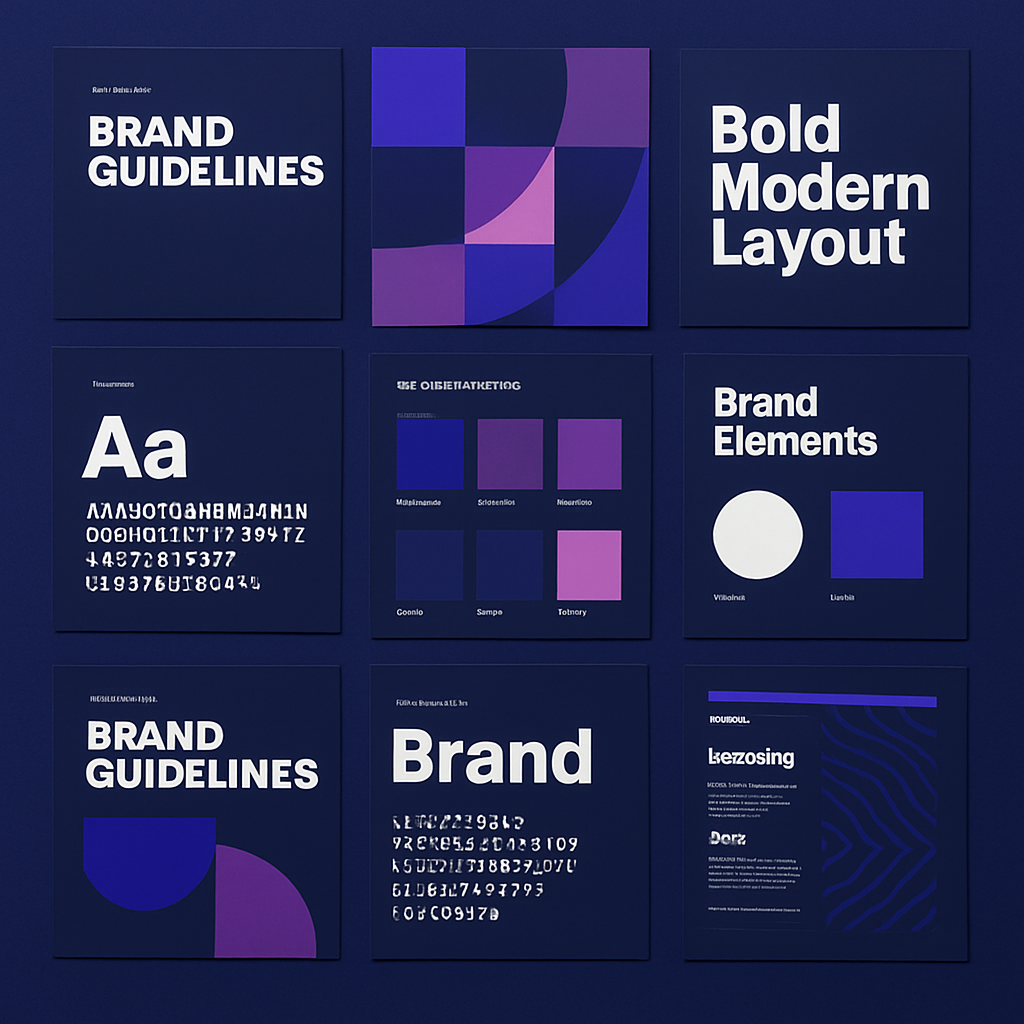 Graphic design assets including typography specimens and brand guideline pages