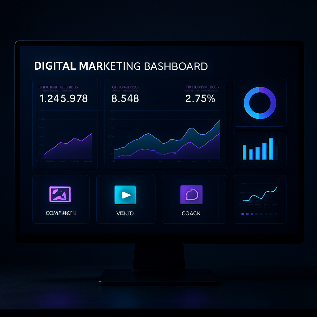 Digital marketing dashboard displaying analytics graphs and social media content tiles