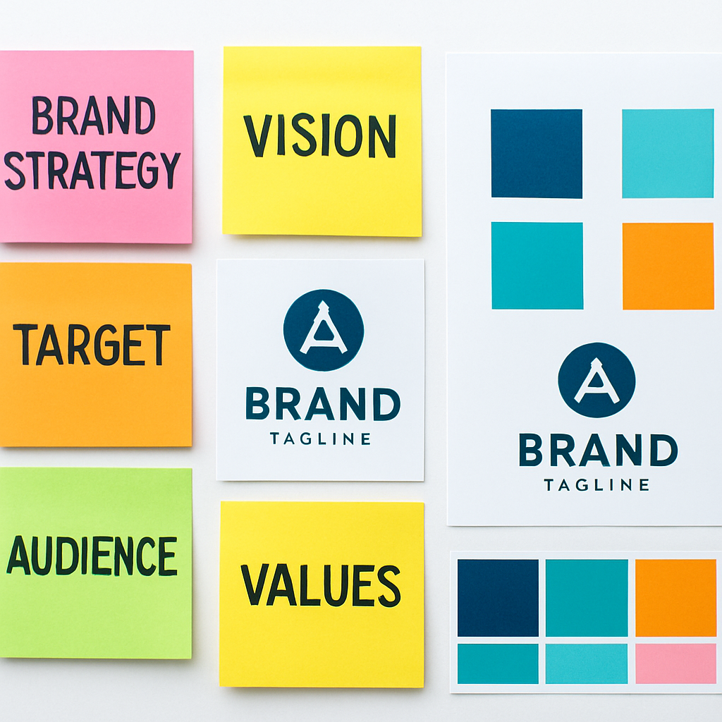 Brand strategy planning board with sticky notes and colour palette swatches